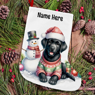 Black Labrador Retriever & Snowman Puppy Dog Großer Weihnachtsstrumpf