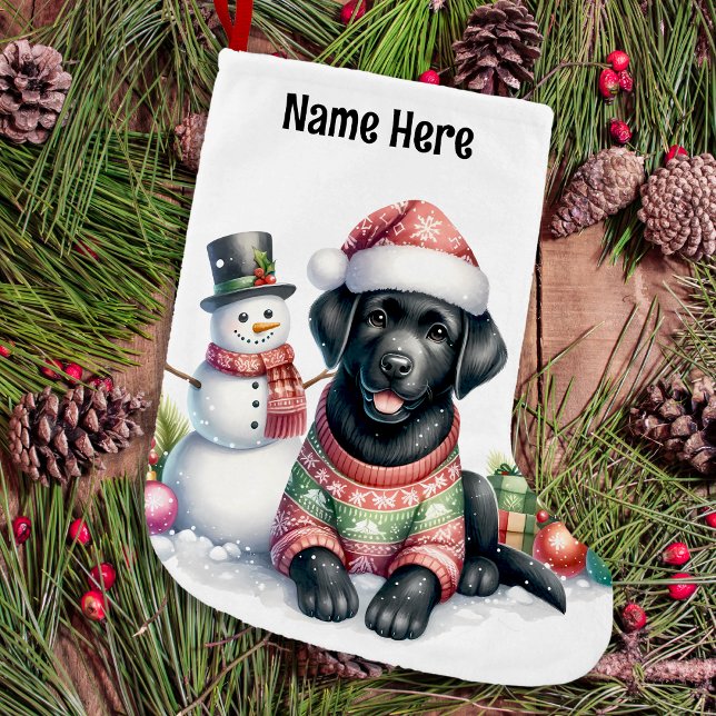 Black Labrador Retriever & Snowman Puppy Dog Großer Weihnachtsstrumpf (Von Creator hochgeladen)