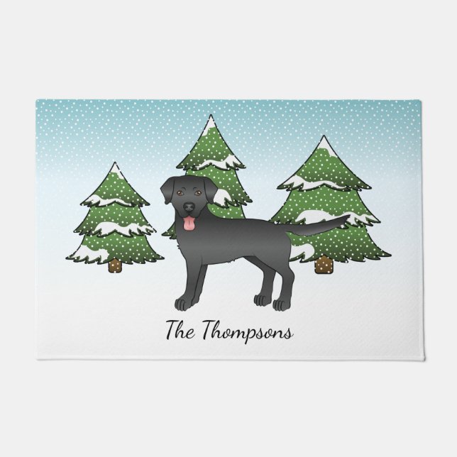 Black Labrador Retriever - Winter Forest & Name Fußmatte (Vorderseite)
