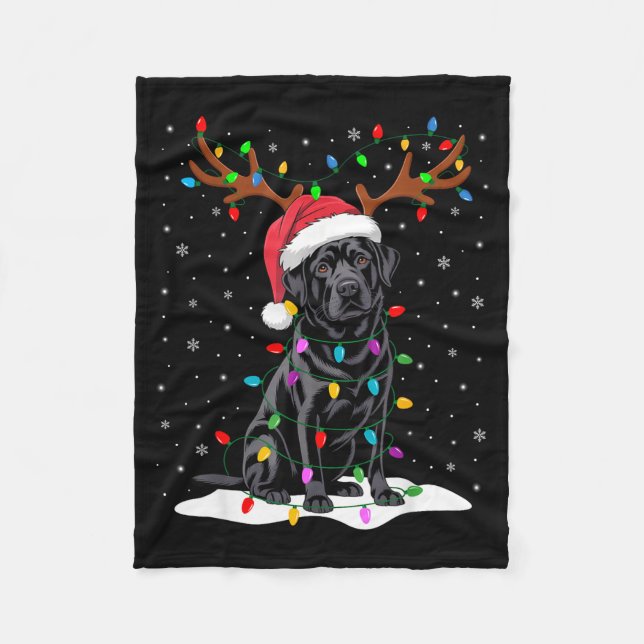 Black Labrador Santa Hat Reindeer Tree Lights Chri Fleecedecke (Vorderseite)
