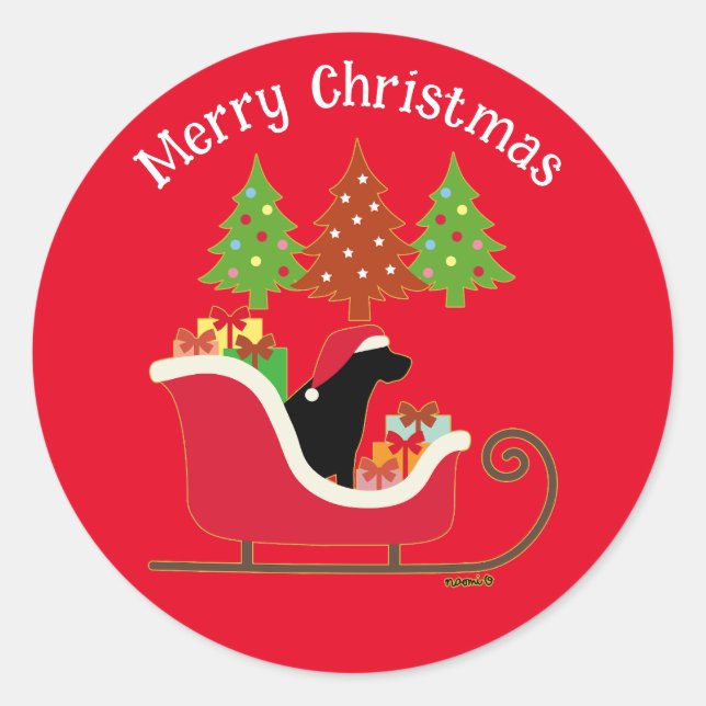 Black Labrador Silhouette Christmas Sleigh Red Runder Aufkleber (Vorderseite)