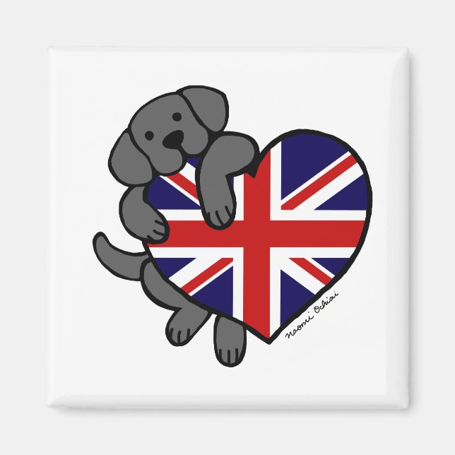 Black Labrador & UK Flag Herz 2 Cartoon Magnet (Vorne)
