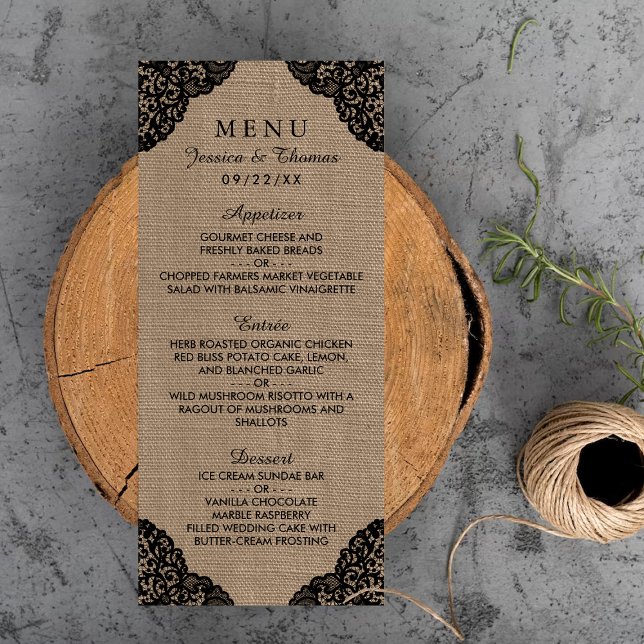 Black Lace auf Rustic Burlap Wedding Menu Werbekarte (Von Creator hochgeladen)
