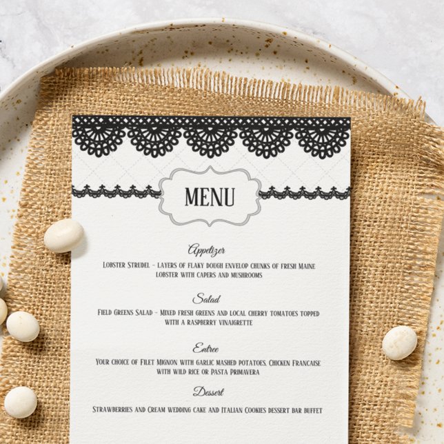 Black Lace auf White Custom Wedding Menu Flyer (Von Creator hochgeladen)