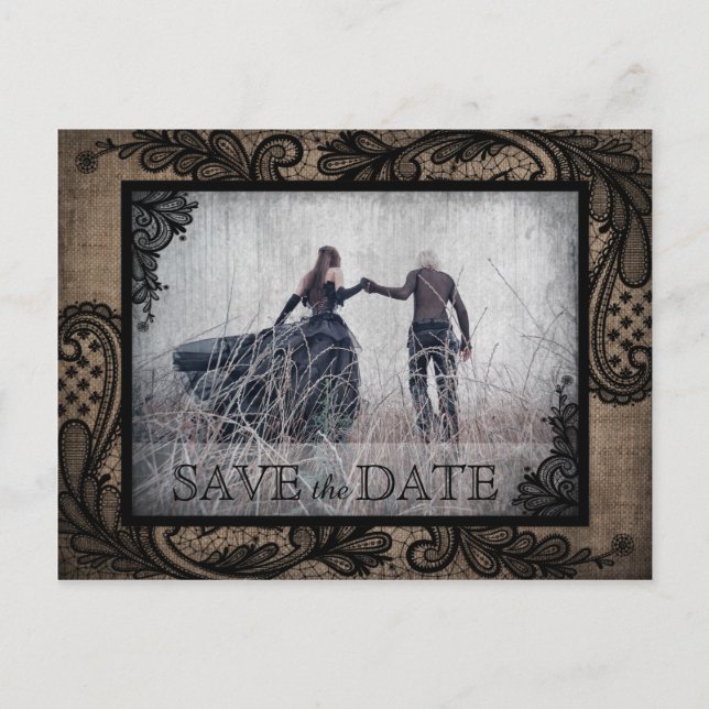 Black Lace Burlap Modern Goth Foto Save the Date Ankündigungspostkarte (Vorderseite)