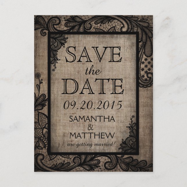 Black Lace Burlap Modern Goth Save the Date Ankündigungspostkarte (Vorderseite)