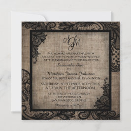 Black Lace Burlap Modern Goth Wedding Einladung