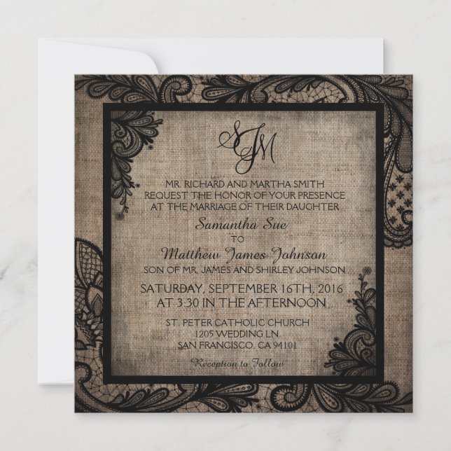 Black Lace Burlap Modern Goth Wedding Einladung (Vorderseite)