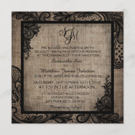 Black Lace Burlap Modern Goth Wedding Einladung