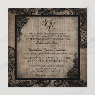 Black Lace Burlap Modern Goth Wedding Einladung