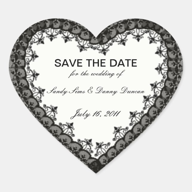 Black Lace Heart Save the Date Stickers (Vorderseite)