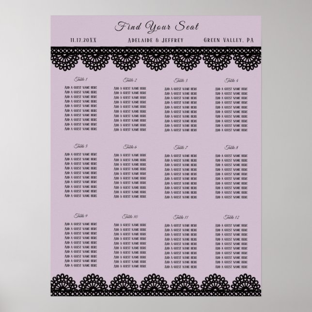 Black Lace on Soft Lavender Custom Seating Chart Poster (Vorne)