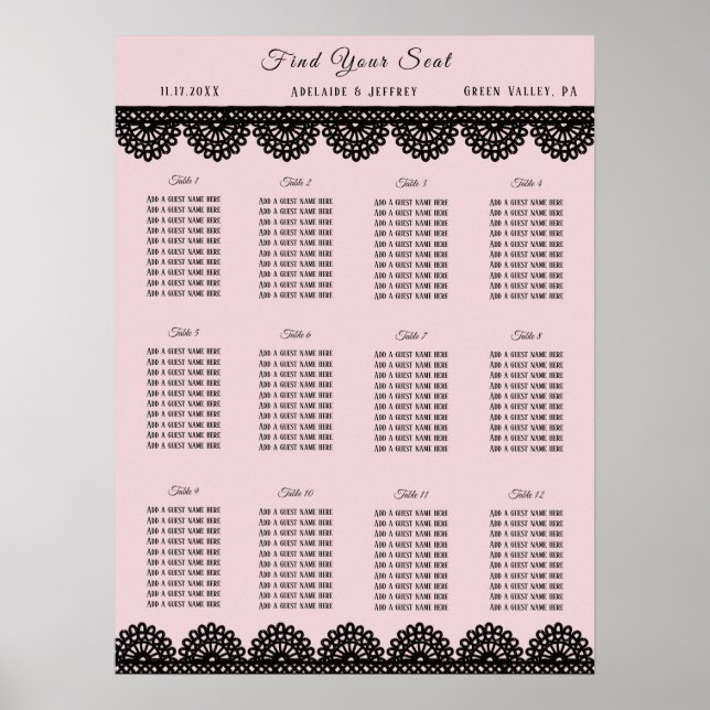 Black Lace on Soft Pink Custom Seating Chart Poster (Vorne)