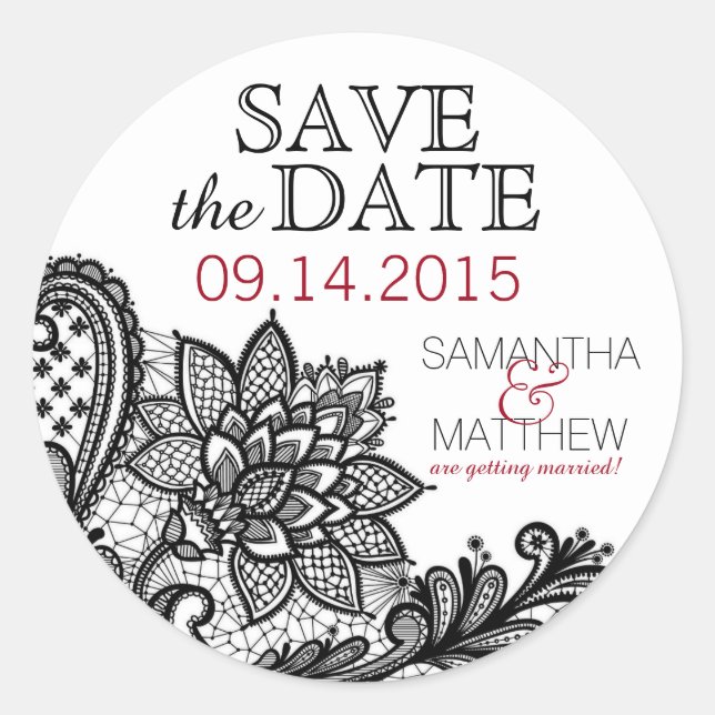 Black Lace White Modern Goth Save the Date Label Runder Aufkleber (Vorderseite)