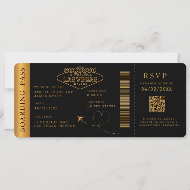 Black las vegas Boarding Pass Hochzeit in Urlaubso Einladung (Vorderseite)