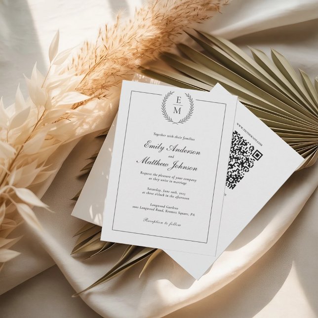 Black Laurel Monogram Wedding Invitation QR Code Einladung (Von Creator hochgeladen)