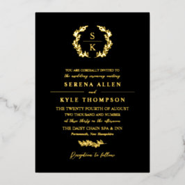 Black Laurel Wreath Monogram Typografy Wedding Folieneinladung