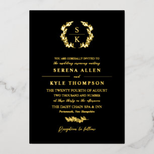 Black Laurel Wreath Monogram Typografy Wedding Folieneinladung