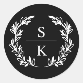 Black Laurel Wreath Monogram Wedding Siegel Runder Aufkleber