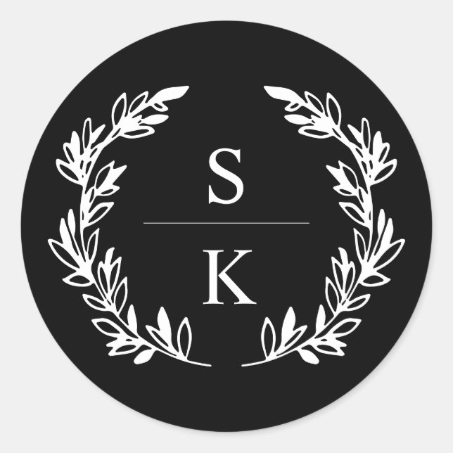 Black Laurel Wreath Monogram Wedding Siegel Runder Aufkleber (Vorderseite)