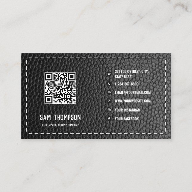 Black Leather Business QR Code Social Media Icons Visitenkarte (Vorderseite)