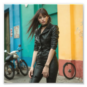 Black Leather Goth Babe gegen farbenfrohe Straße Fotodruck