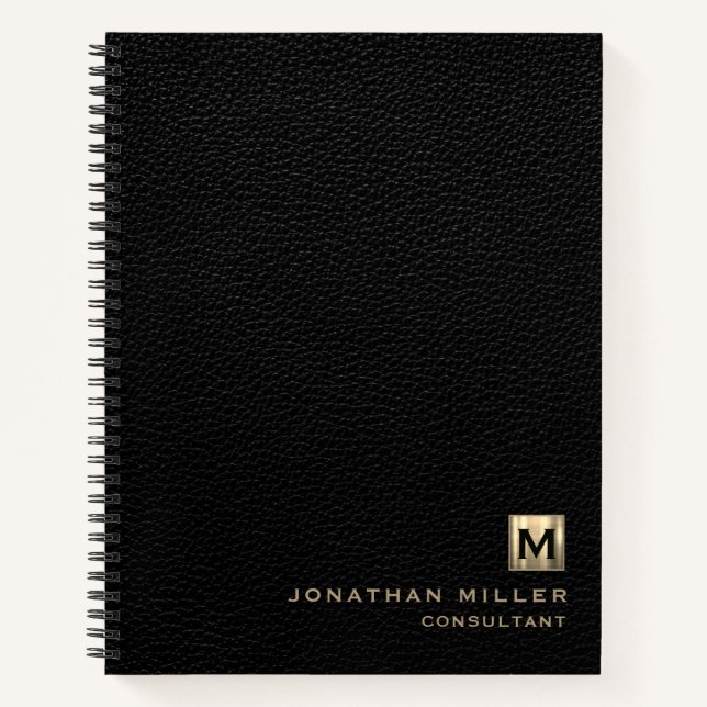 Black Leather Luxury Gold Monogram Notizbuch (Vorderseite)