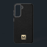Black Leather Luxury Gold Monogram Samsung Galaxy Hülle<br><div class="desc">Einfache,  luxuriöse mit Monogramm Handy-Gehäuse in modernem Design mit gebürstetem Metallic-Monogramm-Emblem auf schwarzem Leder-Textur.</div>