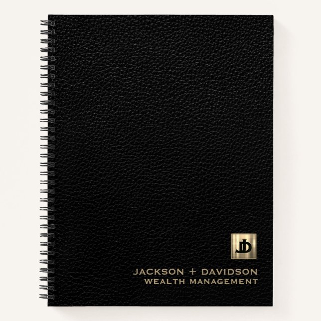 Black Leather Luxus Gold Business Monogram Notizbuch (Vorderseite)