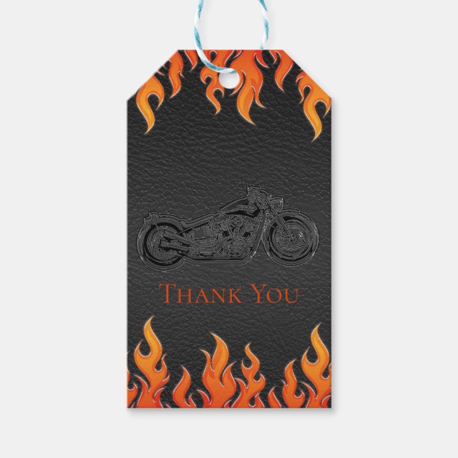 Black Leather Orange Flames Motorrad-Party Geschenkanhänger (Vorderseite)