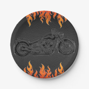 Black Leather Orange Flames Motorrad-Party Pappteller