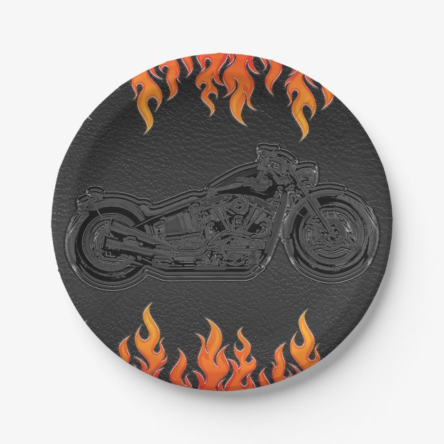 Black Leather Orange Flames Motorrad-Party Pappteller (Vorderseite)