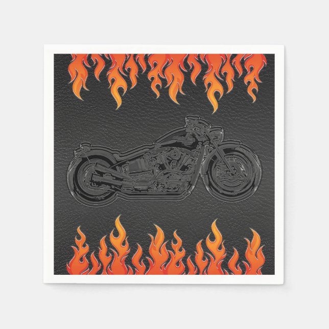 Black Leather Orange Flames Motorrad-Party Serviette (Vorderseite)