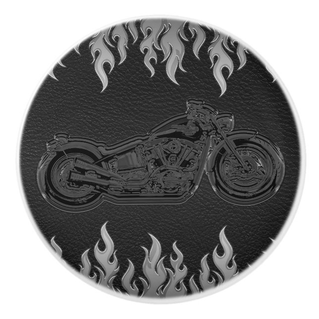 Black Leather Silver Chrome Flamme Feuer Motorrad Keramikknauf (Vorderseite)