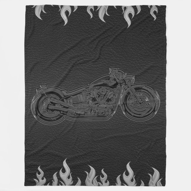 Black Leather Silver Flames Hot Fire Motorrad Fleecedecke (Vorderseite)