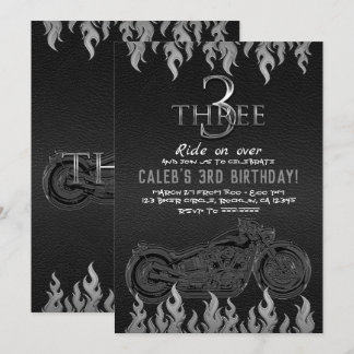 Black Leather Silver Motorrad 3 3RD Geburtstag Einladung