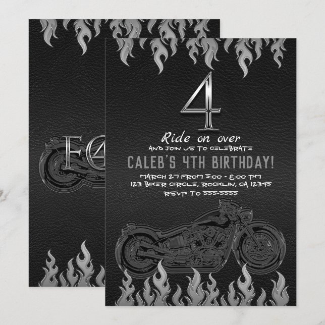 Black Leather Silver Motorrad 4. Geburtstag Einladung (Vorne/Hinten)