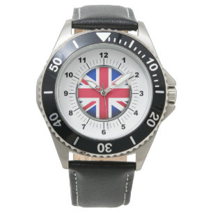 Black Leather Strap Watch - Britische Flagge Armbanduhr