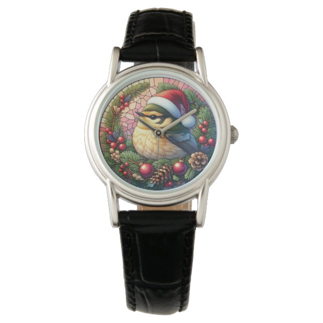 Black Leather Weihnachtsgestanzter Glass Bird Armbanduhr (Vorderseite)