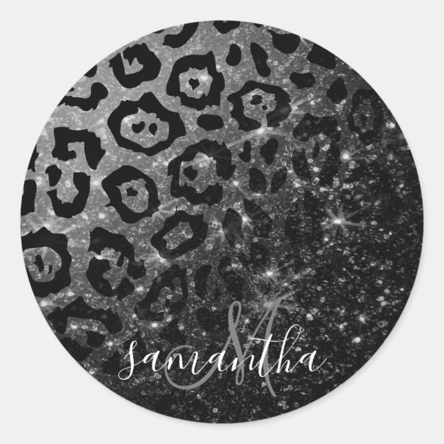 Black Leopard Print und Glitzer Runder Aufkleber (Vorderseite)