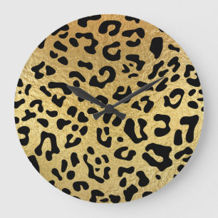 Black Leopard Spots and Shiny Faux Gold Foil Große Wanduhr