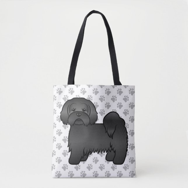 Black Lhasa Apso Niedlich Cartoon Dog & Paws (Vorderseite)