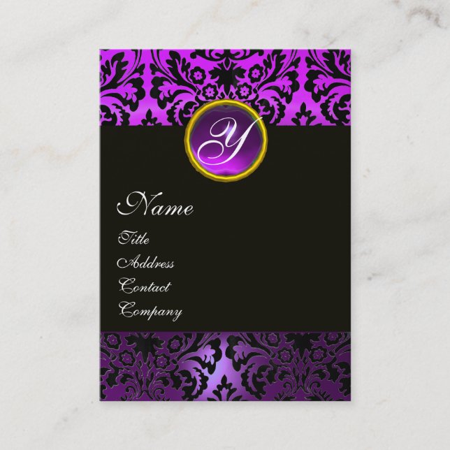 BLACK LILA DAMASK FLORAL MONOGRAM, Amethyst Visitenkarte (Vorderseite)