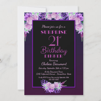 Black Lila Floral Überraschung 21. Geburtstag Aben Einladung