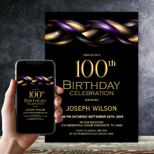 Black Lila Gold 100. Geburtstagsparty Einladung