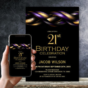 Black Lila Gold 21. Geburtstag Party Einladung