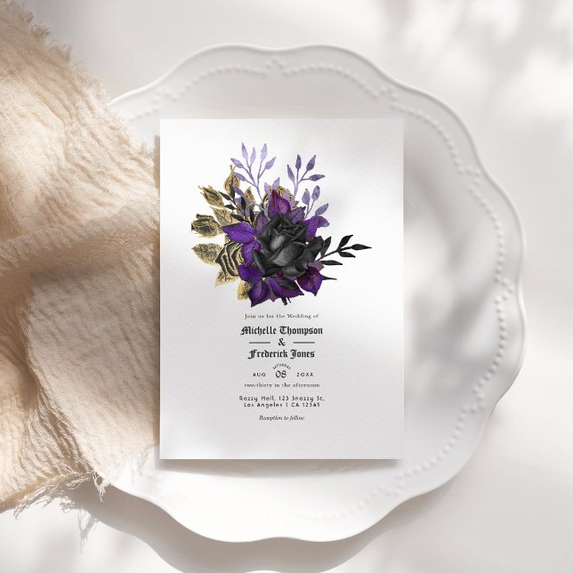 Black Lila Gold Floral Gothic Wedding QR Code Einladung (Black Purple Gold Floral Gothic Wedding QR Code Invitation)