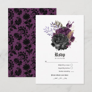 Black Lila Gold Floral Gothic Wedding RSVP Karte