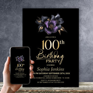 Black Lila Gray Floral 100. Geburtstagsparty Einladung