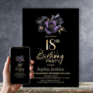 Black Lila Gray Floral 18. Geburtstagsparty Einladung